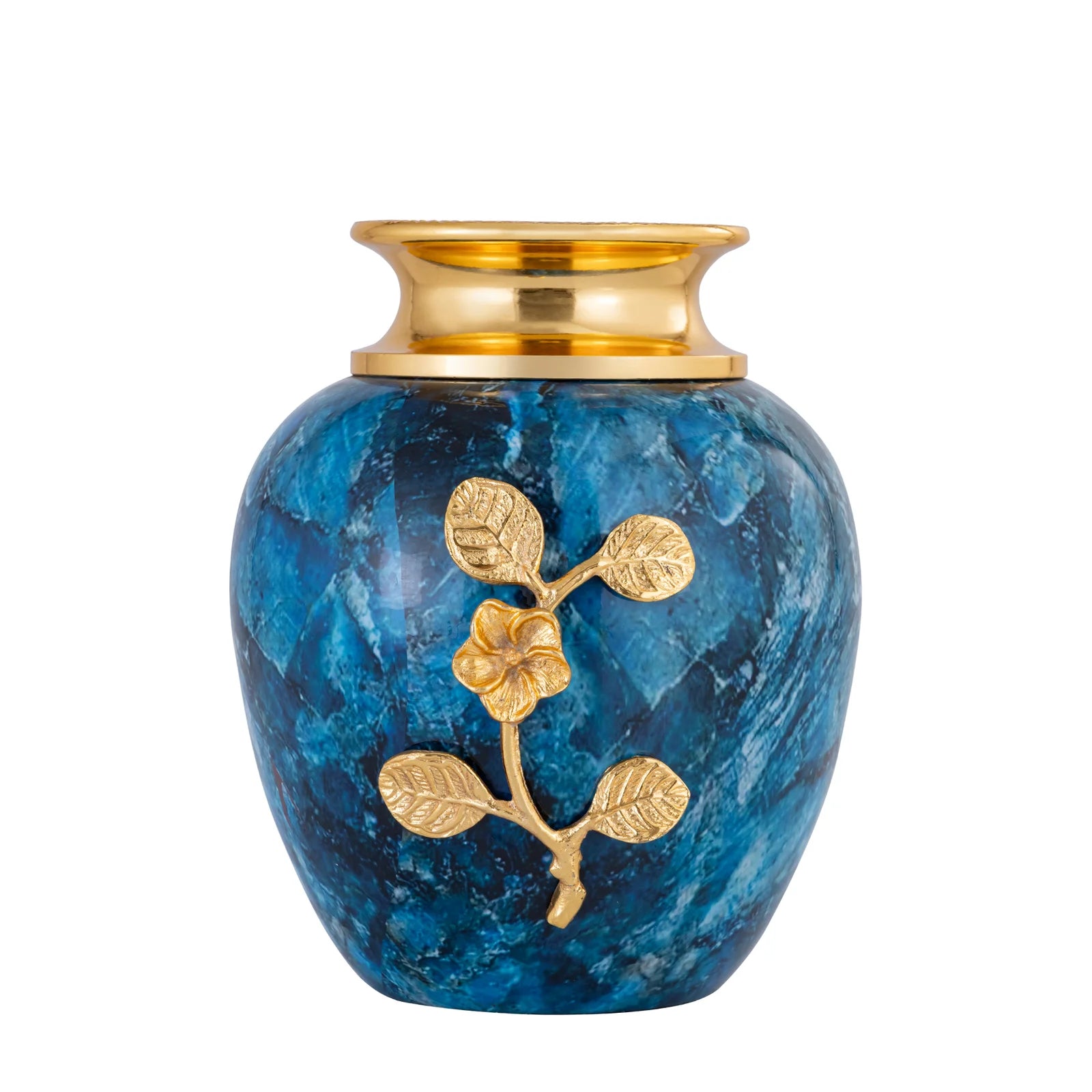 Metal Blue Marble Vase with Gold Floral Design