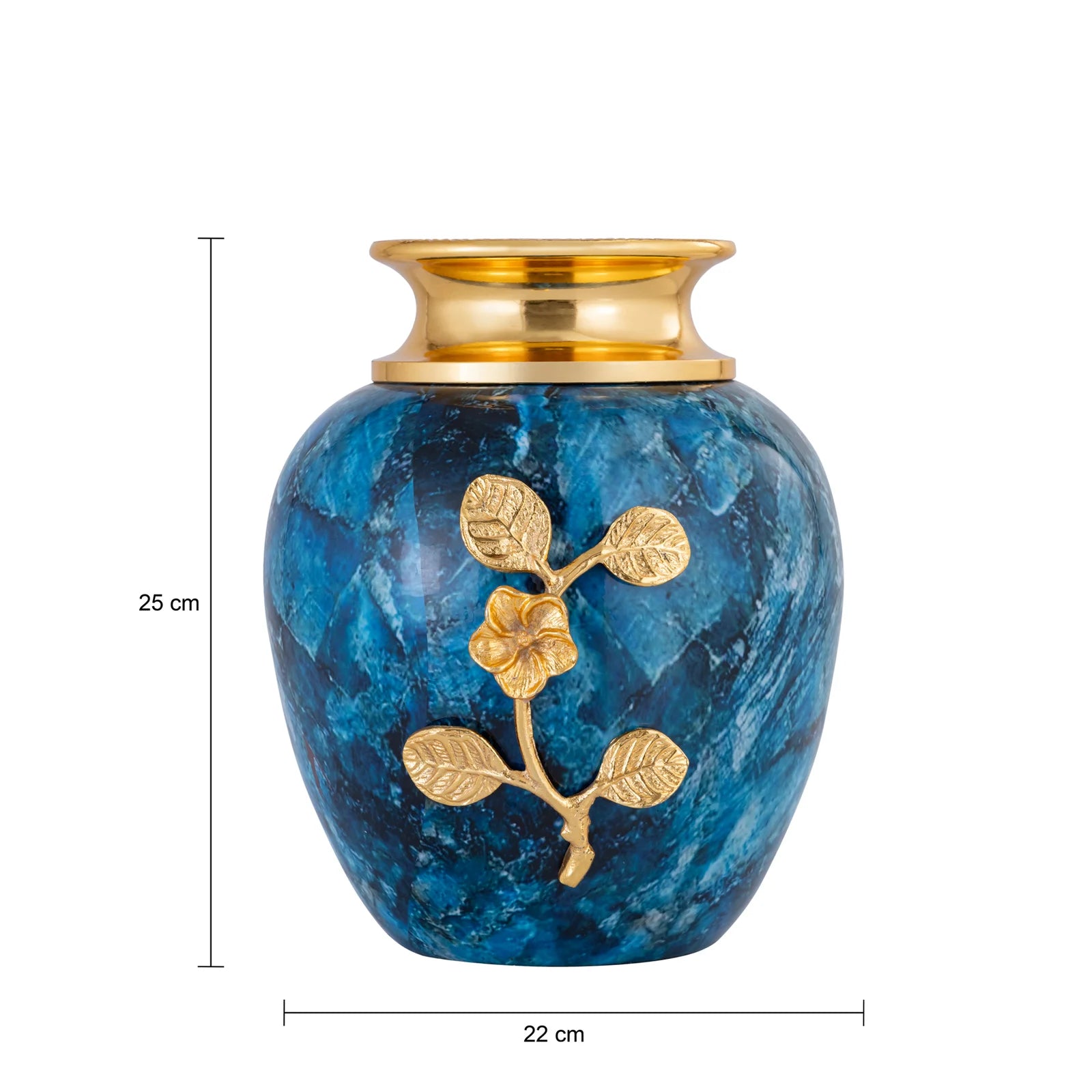 Metal Blue Marble Vase with Gold Floral Design