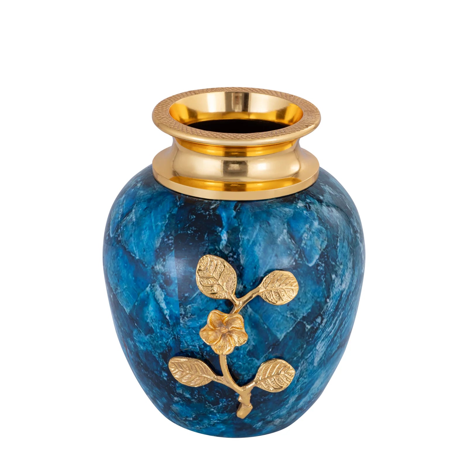 Metal Blue Marble Vase with Gold Floral Design