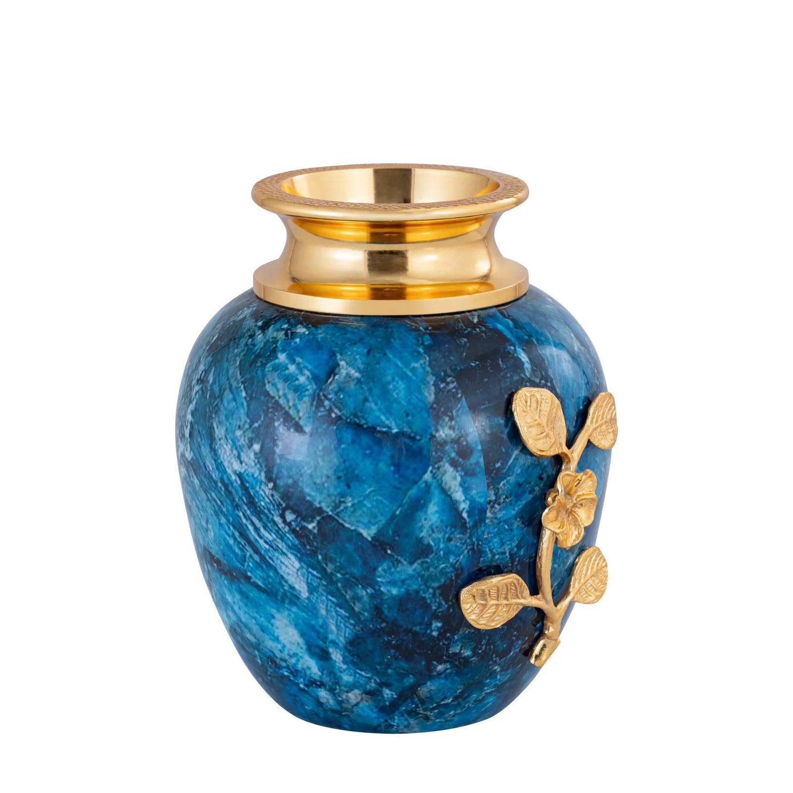 Metal Blue Marble Vase with Gold Floral Design