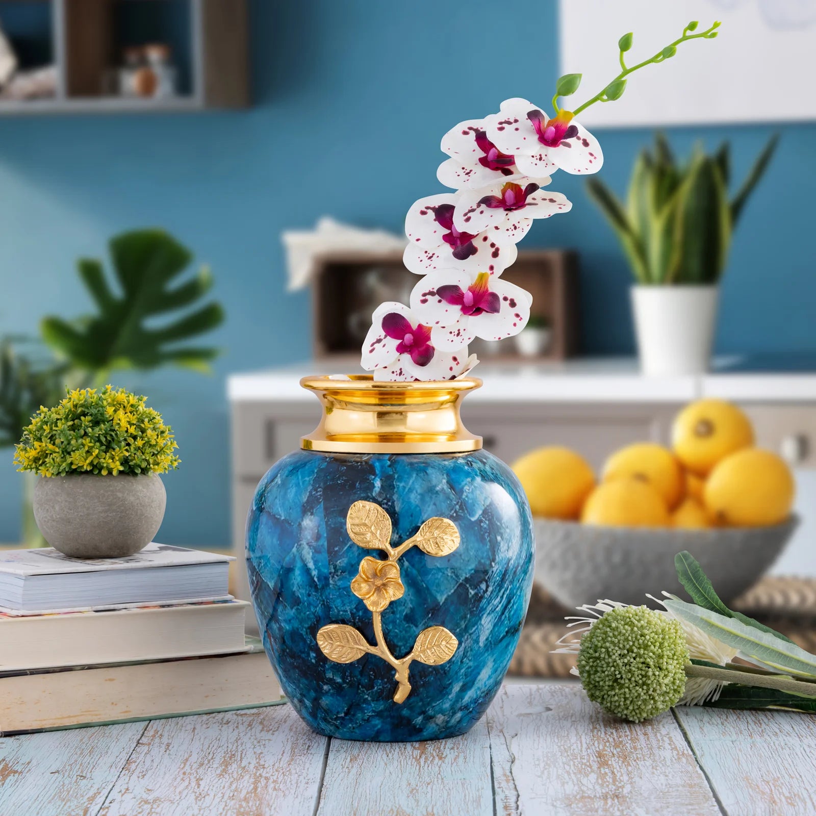 Metal Blue Marble Vase with Gold Floral Design