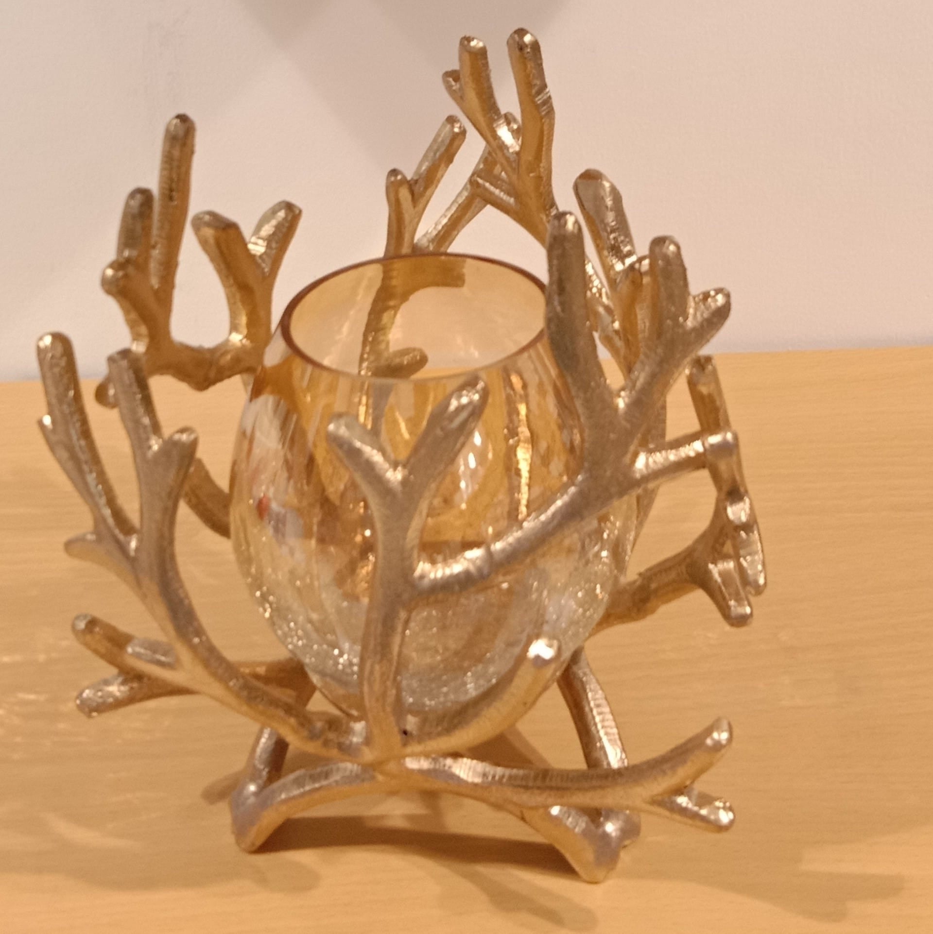 Antique Golden Metal Candle Stand with Glass Pot