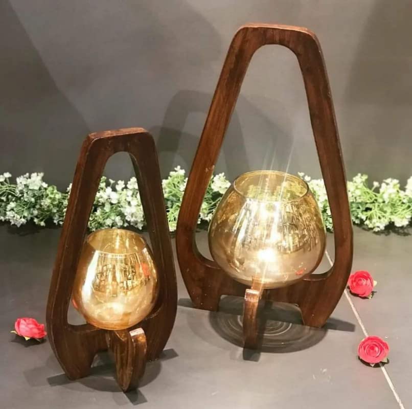Wooden Lantern-Style Candle Stand with Single Glass Holder