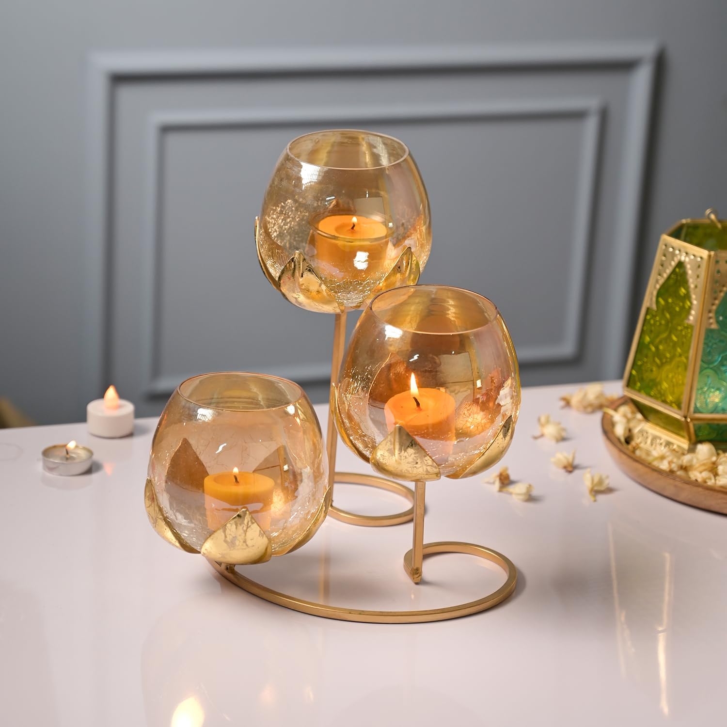 Lotus Candle Holder with 3 Glass Decorative Pieces for Home