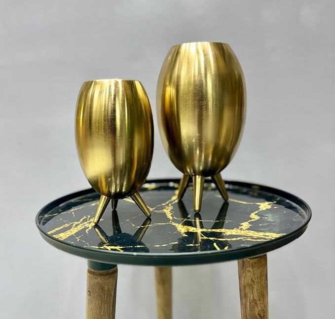 Golden Oval Metal Vase with Three-Legged Modern Design