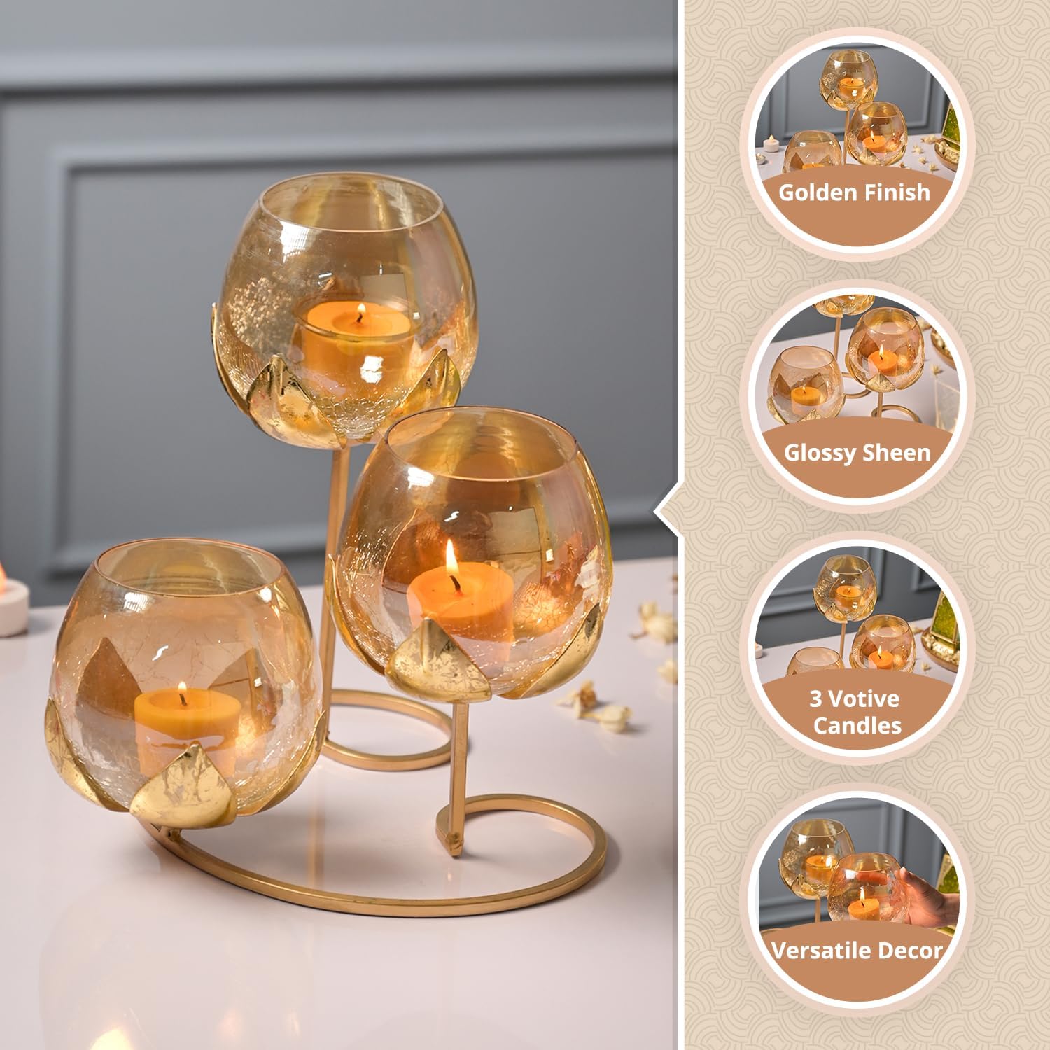 Lotus Candle Holder with 3 Glass Decorative Pieces for Home