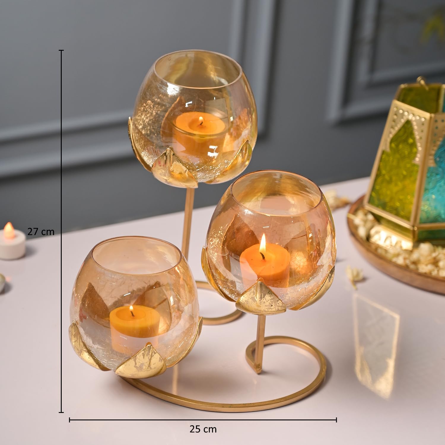 Lotus Candle Holder with 3 Glass Decorative Pieces for Home