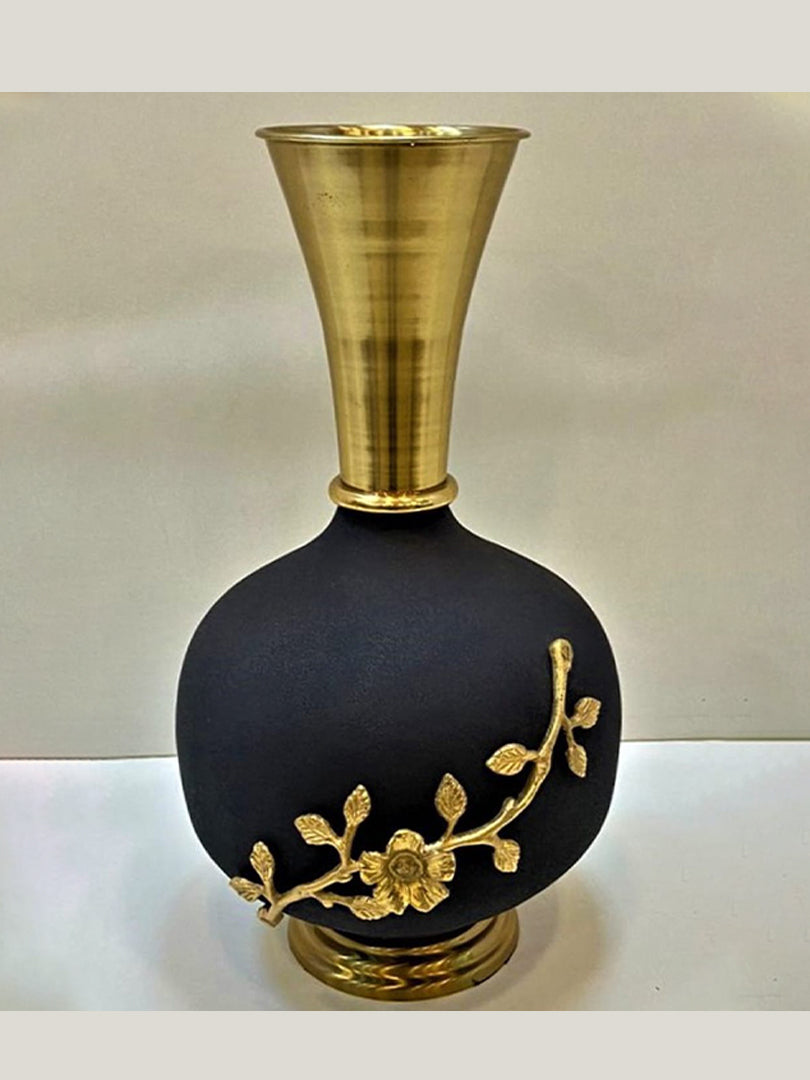 Luxurious Black and Gold Vase with Floral Embellishment and Metallic Finish