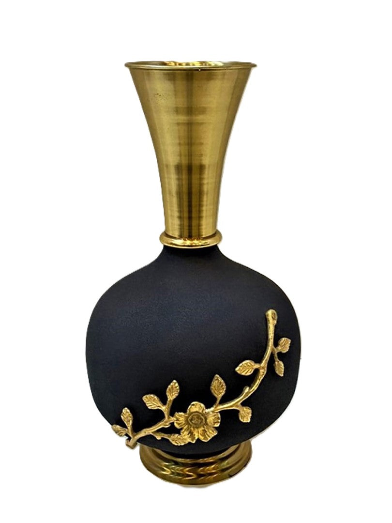 Luxurious Black and Gold Vase with Floral Embellishment and Metallic Finish