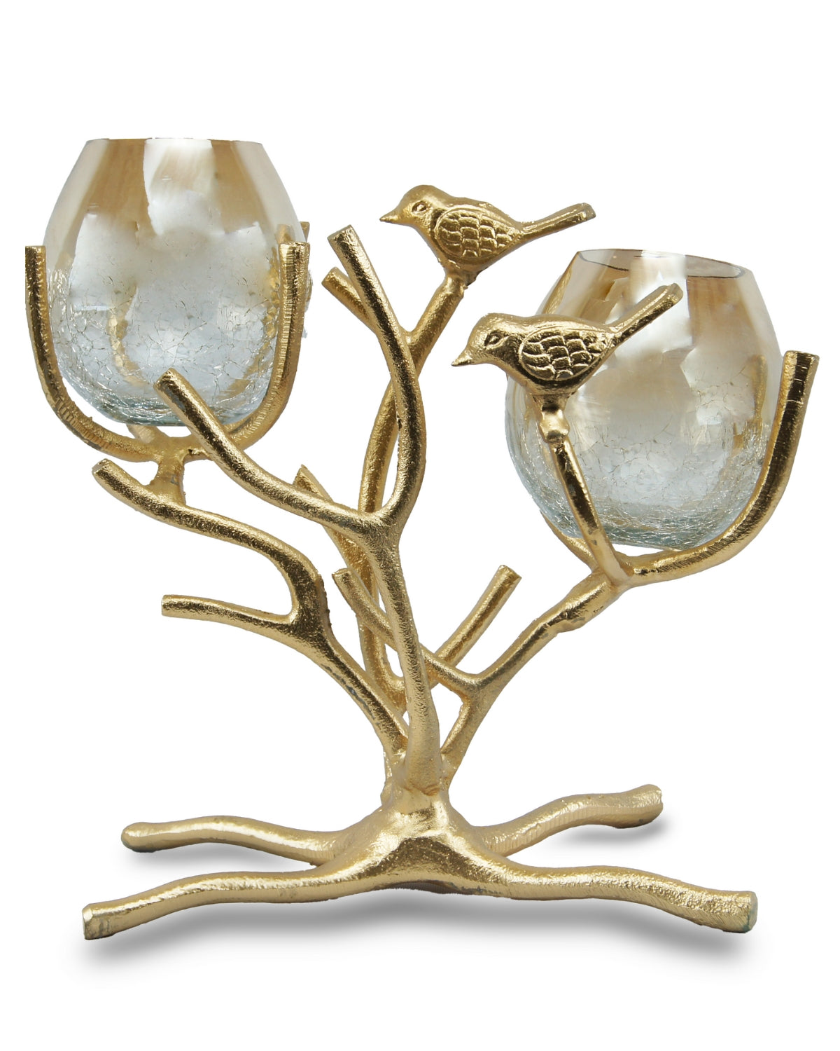Gold-Brushed Tealight Holder with Crackle Glass and Two Birds on a Branch