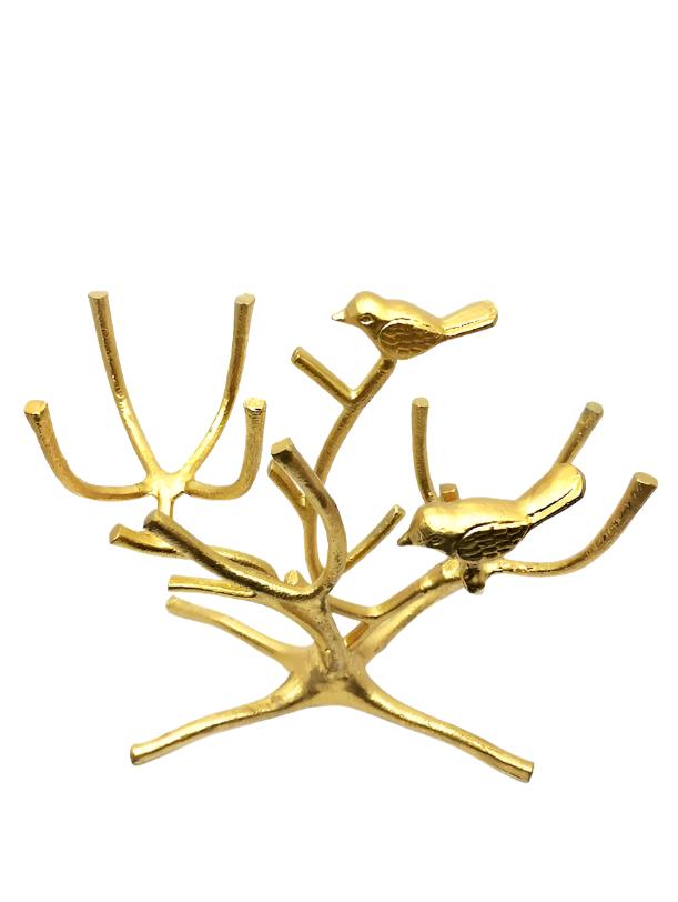 Gold-Brushed Tealight Holder with Crackle Glass and Two Birds on a Branch