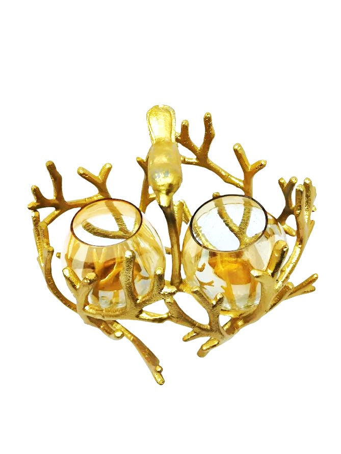 Gold branch-shaped tealight holder with two crackle glass