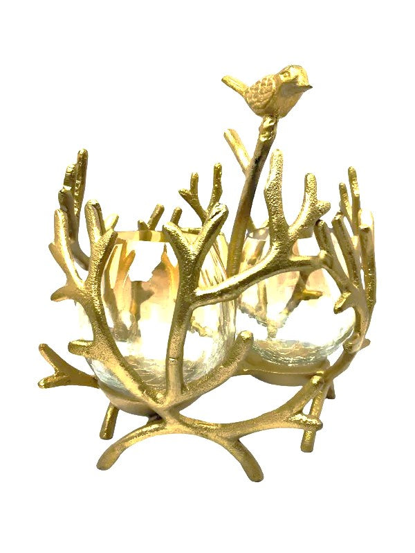 Gold branch-shaped tealight holder with two crackle glass