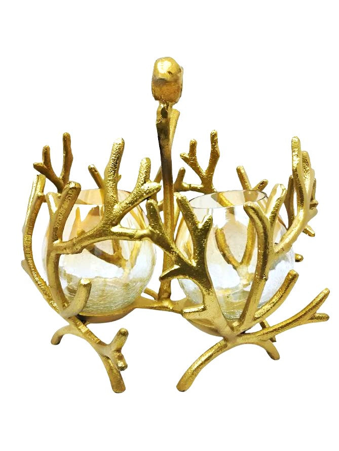 Gold branch-shaped tealight holder with two crackle glass