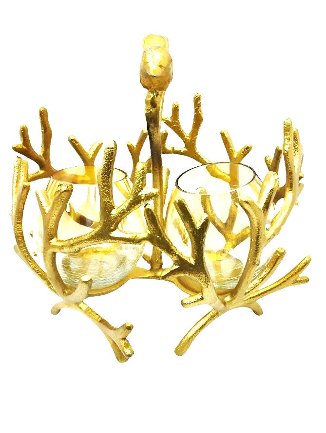Gold branch-shaped tealight holder with two crackle glass