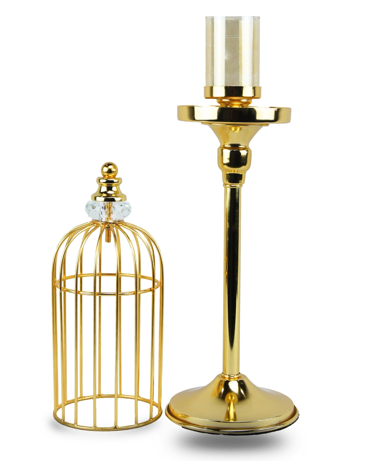 Golden cage-shaped metal candle stand with a crystal top and a glass pot.