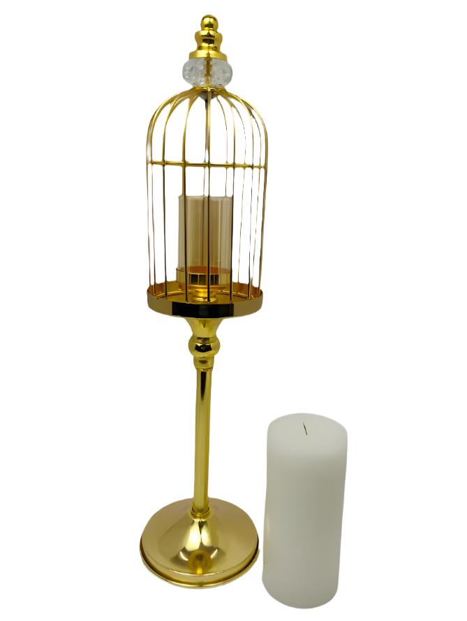 Golden cage-shaped metal candle stand with a crystal top and a glass pot.