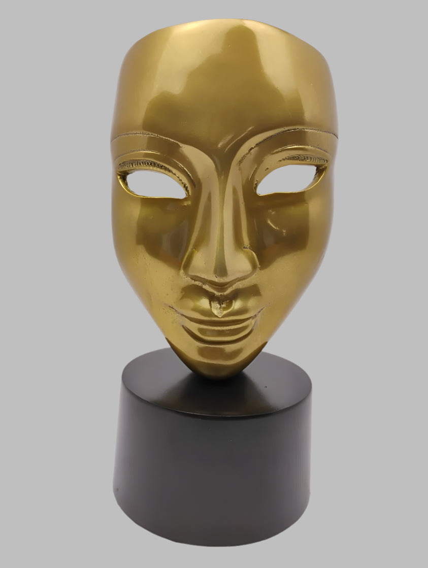 Golden Face Statue on Round Black Base
