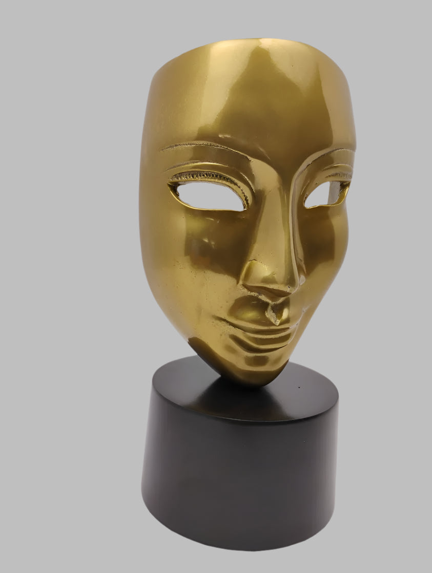 Golden Face Statue on Round Black Base