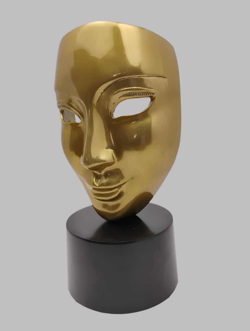 Golden Face Statue on Round Black Base