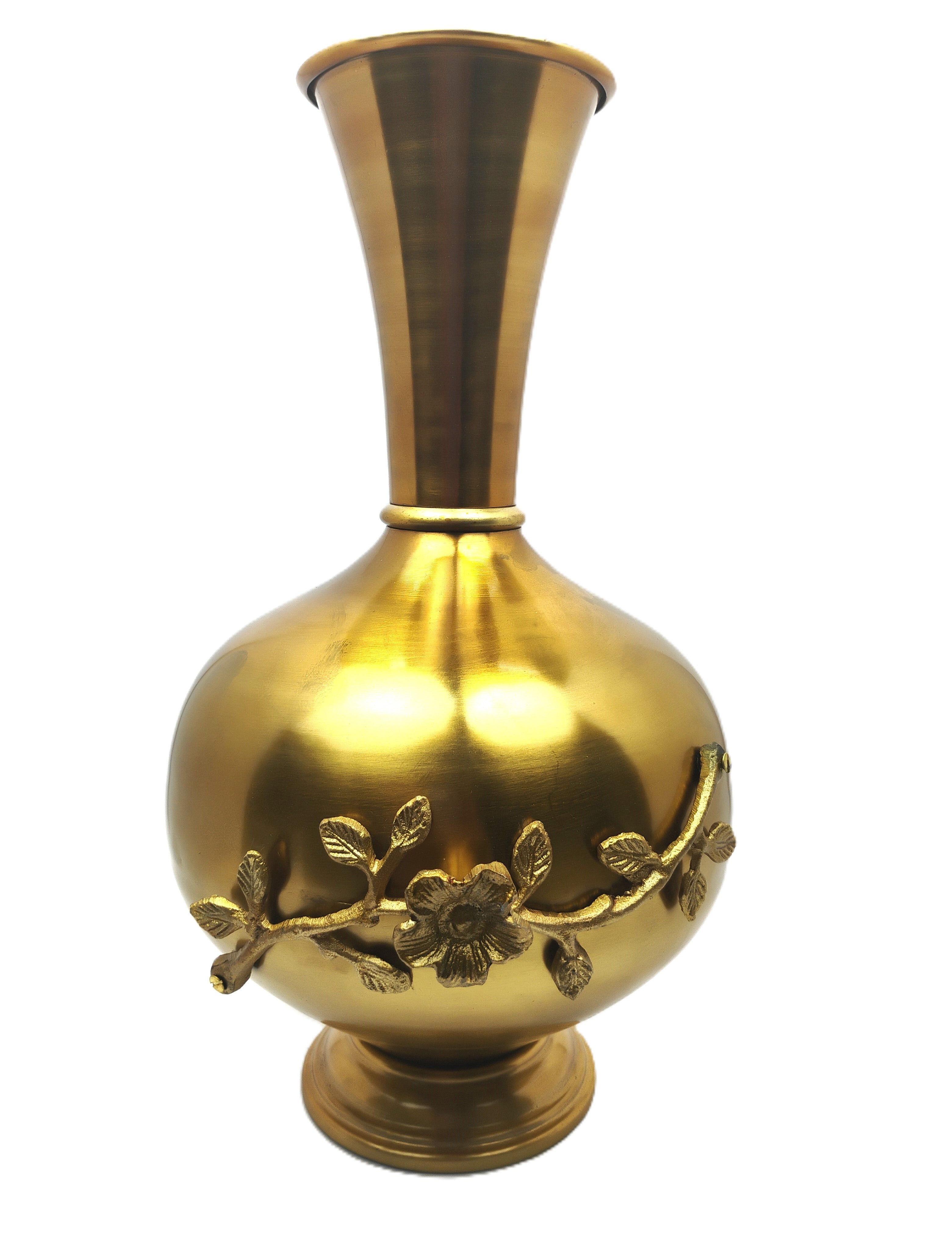 Ornate Gold Metal Vase with Floral Branch Embellishment