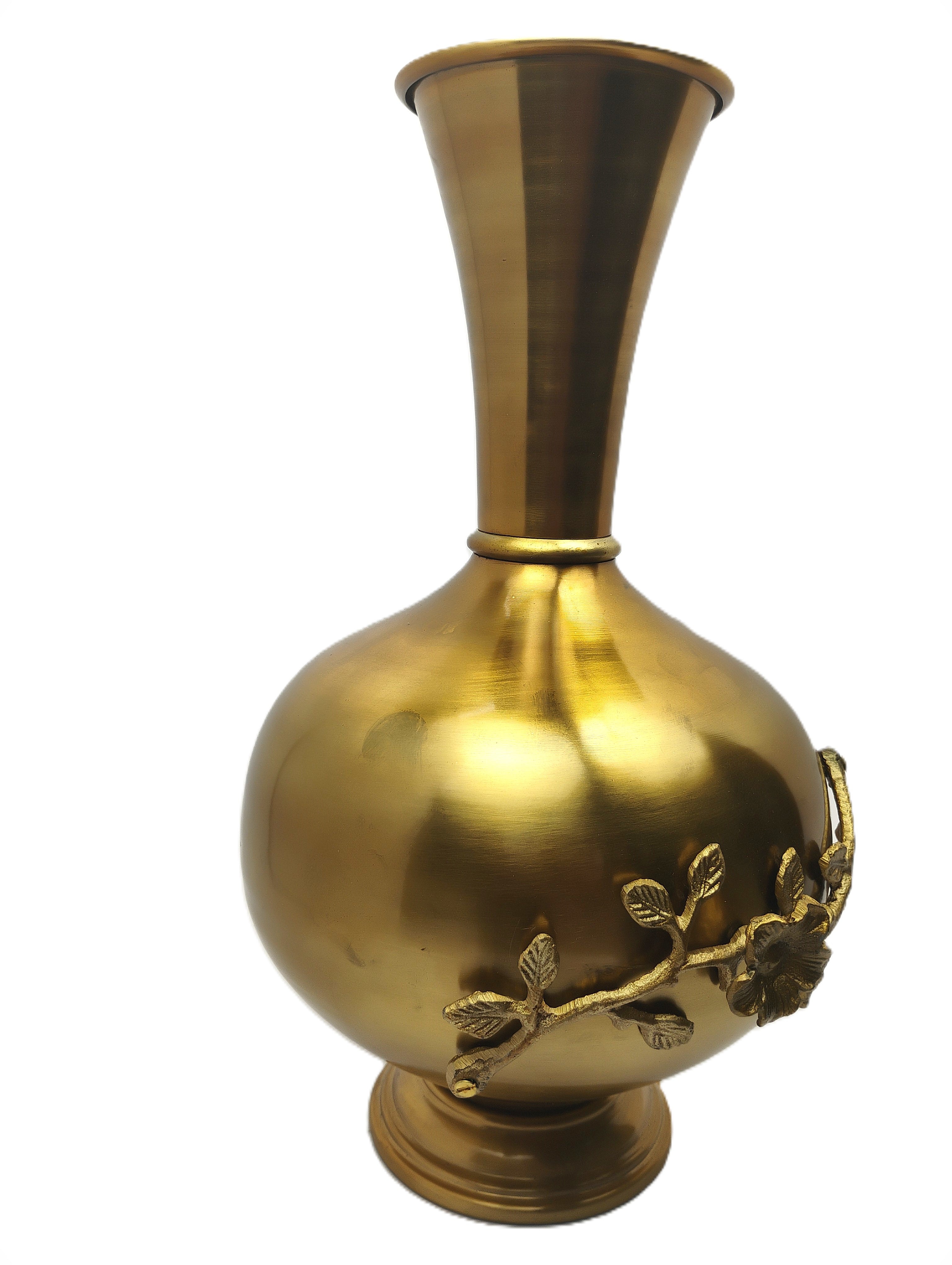 Ornate Gold Metal Vase with Floral Branch Embellishment