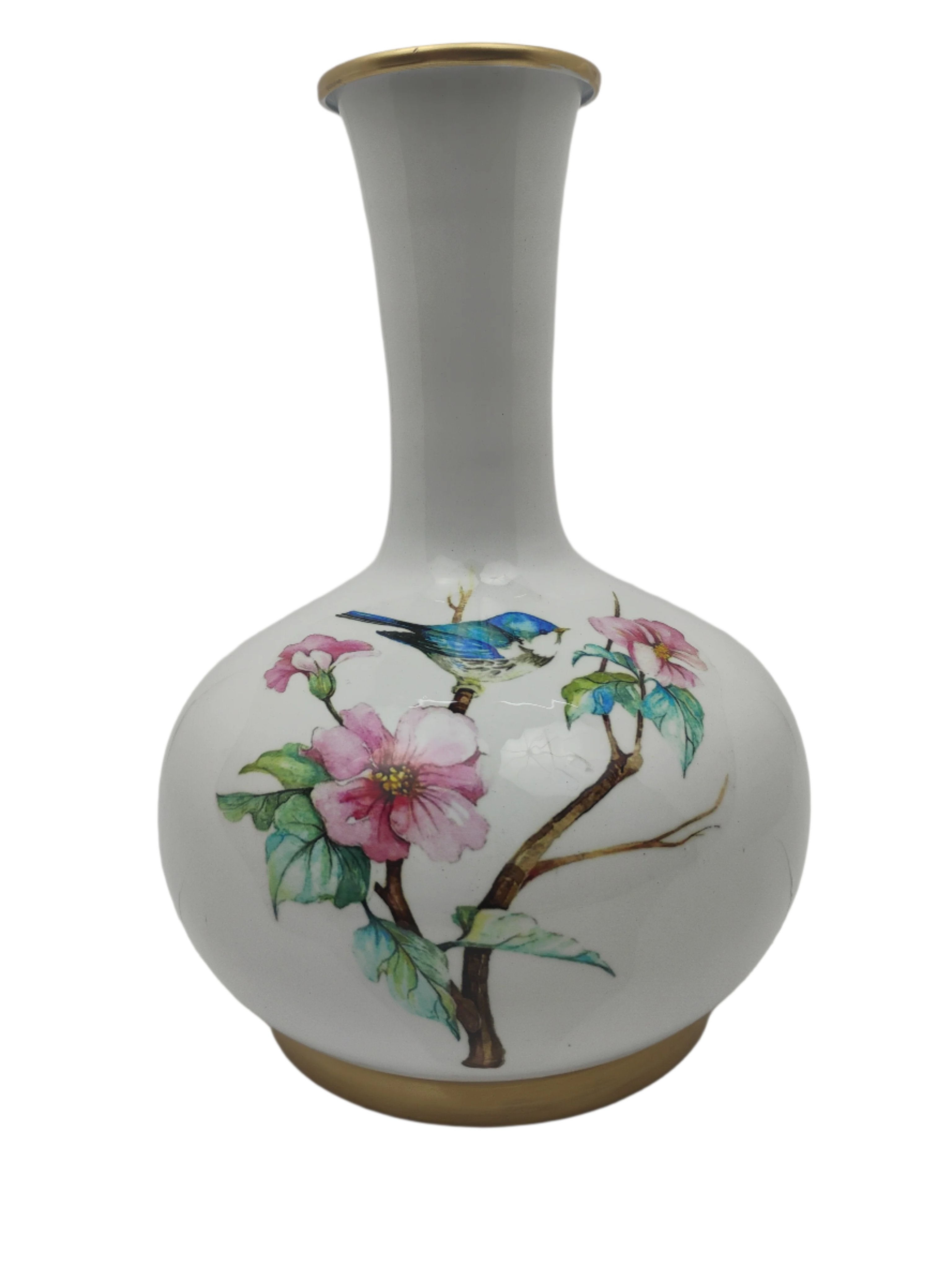 Metal Vase with Bird and Floral Design