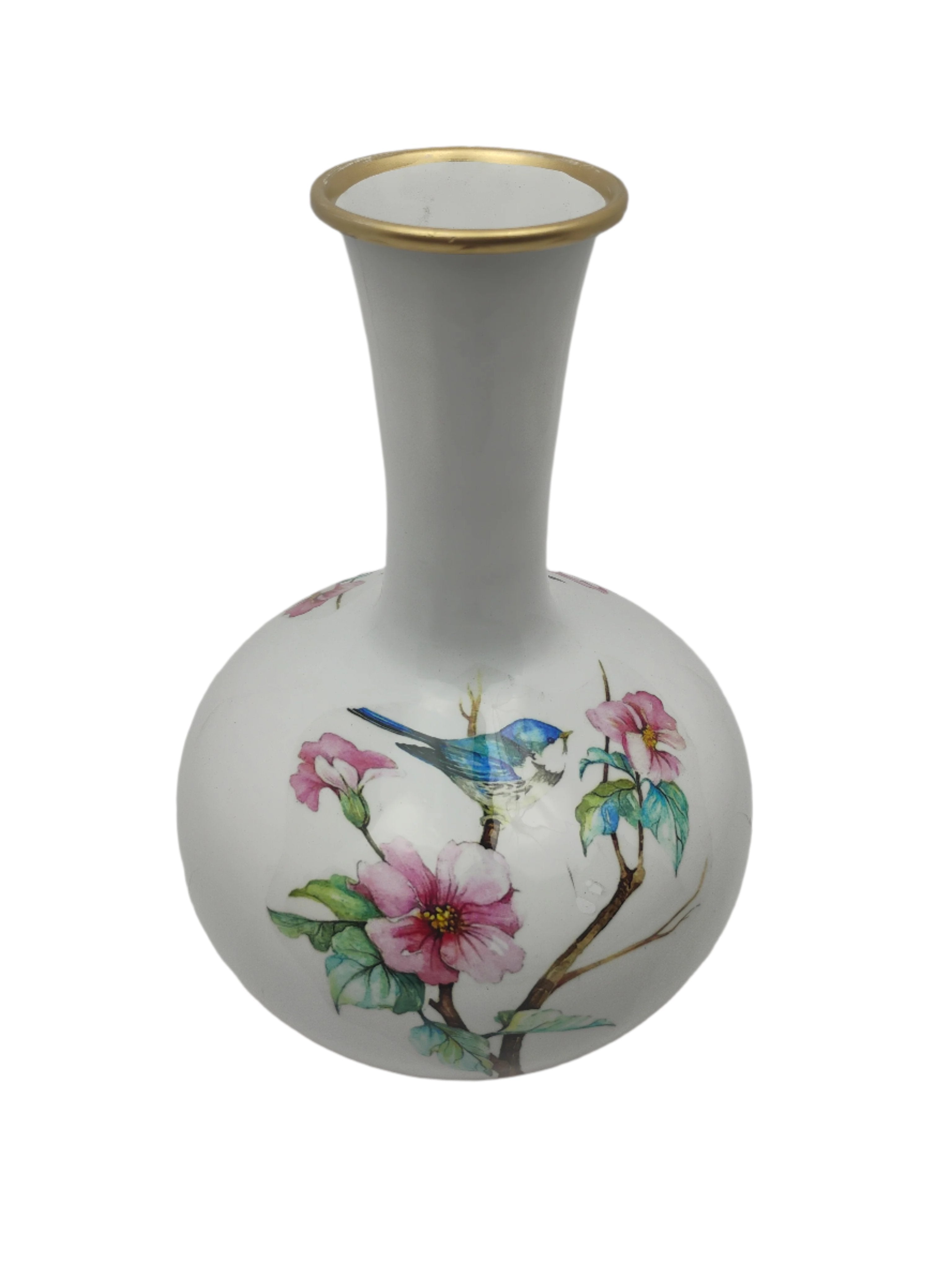 Metal Vase with Bird and Floral Design