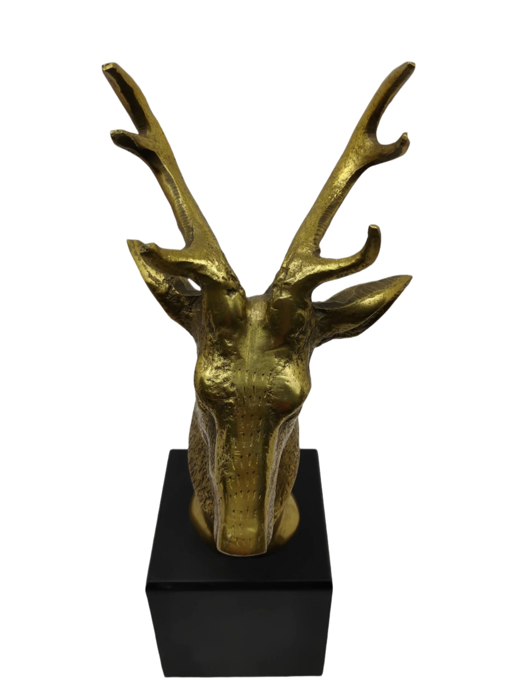 Brass Deer Head Sculpture on Black Wood Base