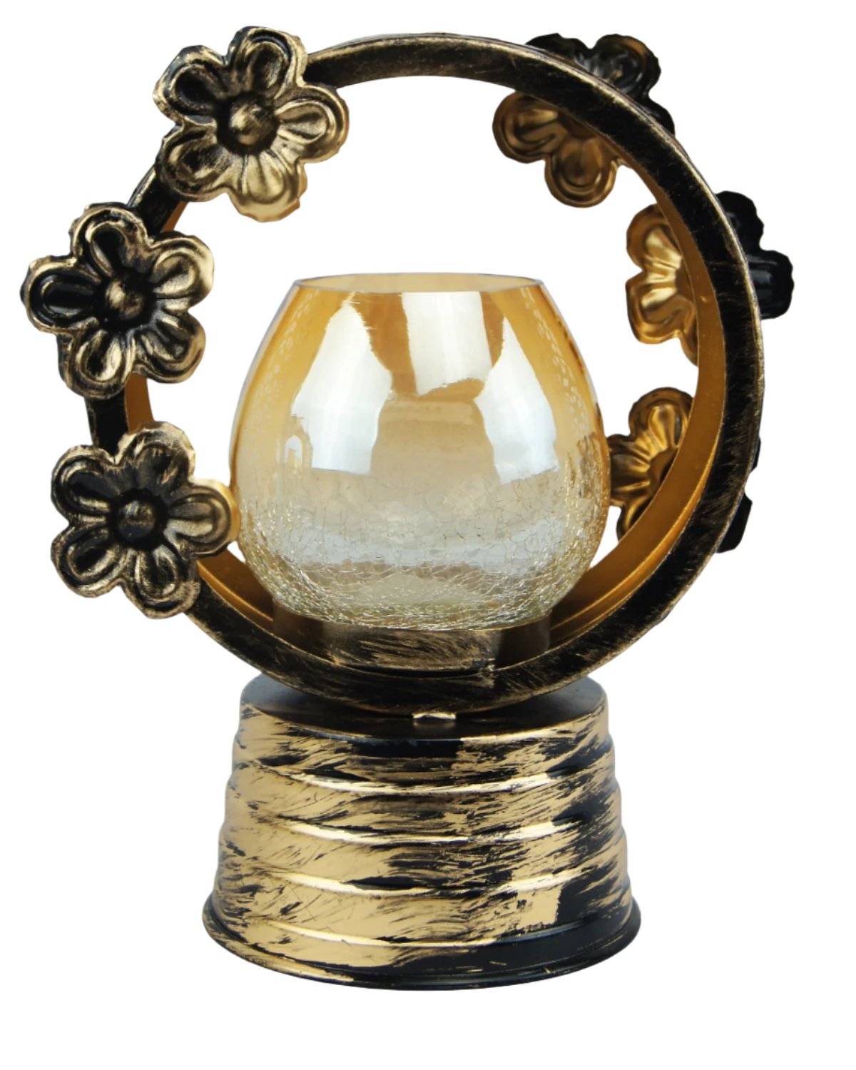 Ring-Shaped Candle Stand in Golden and Black with Floral Design and Glass Pot