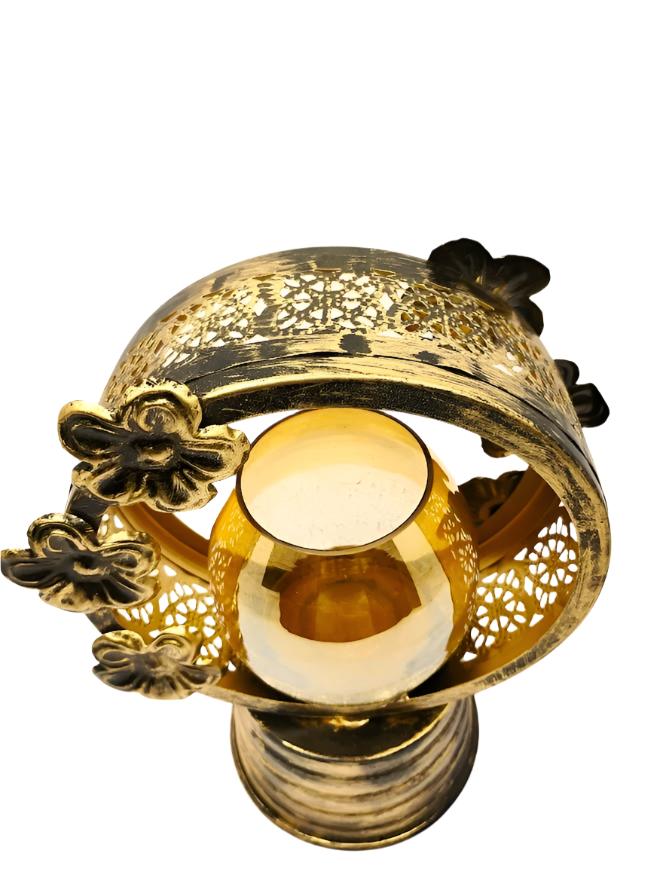 Ring-Shaped Candle Stand in Golden and Black with Floral Design and Glass Pot