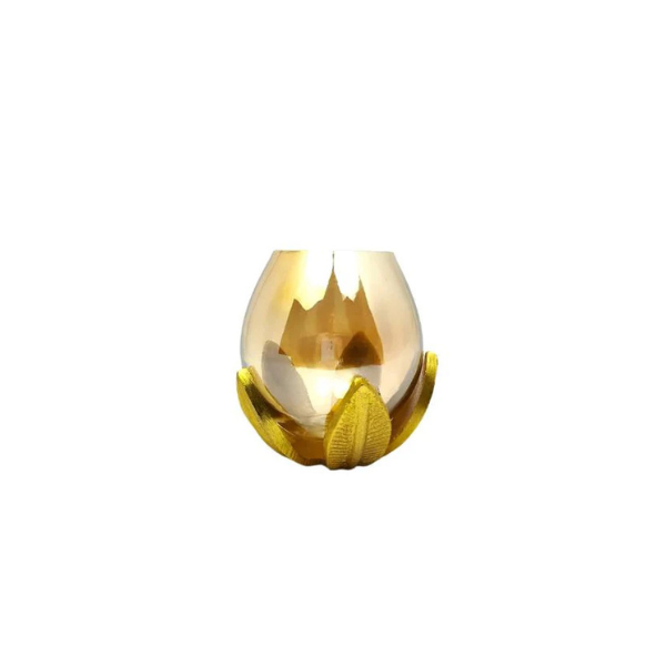 Amber Glass Candle Holder with Gold Leaf Design Stand