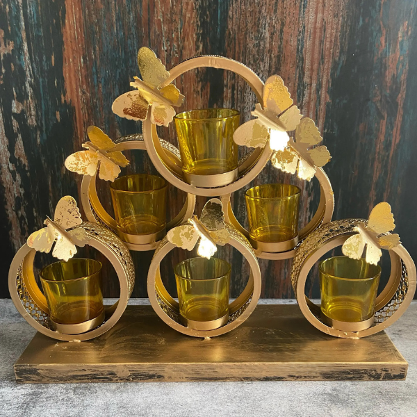 Gold Butterfly Tea Light Candle Holder Stand – 6 Cup Decorative Centerpiece
