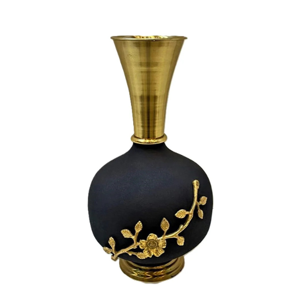 Luxurious Black and Gold Vase with Floral Embellishment and Metallic Finish