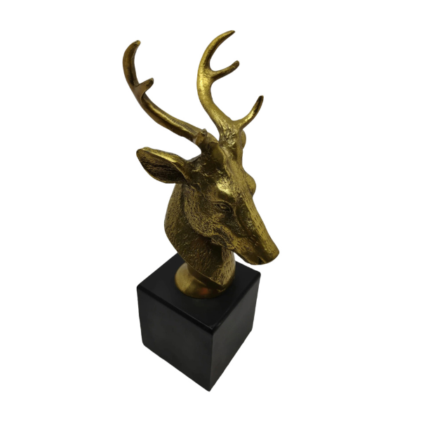 Brass Deer Head Sculpture on Black Wood Base