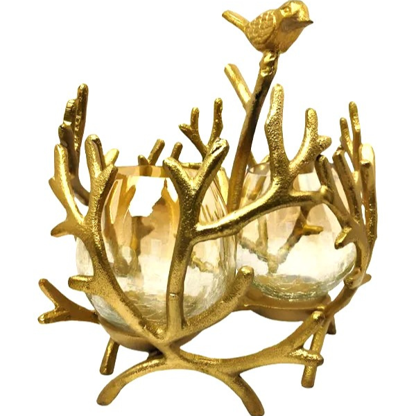 Gold branch-shaped tealight holder with two crackle glass