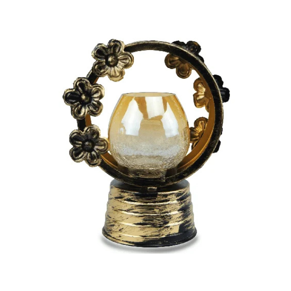 Ring-Shaped Candle Stand in Golden and Black with Floral Design and Glass Pot