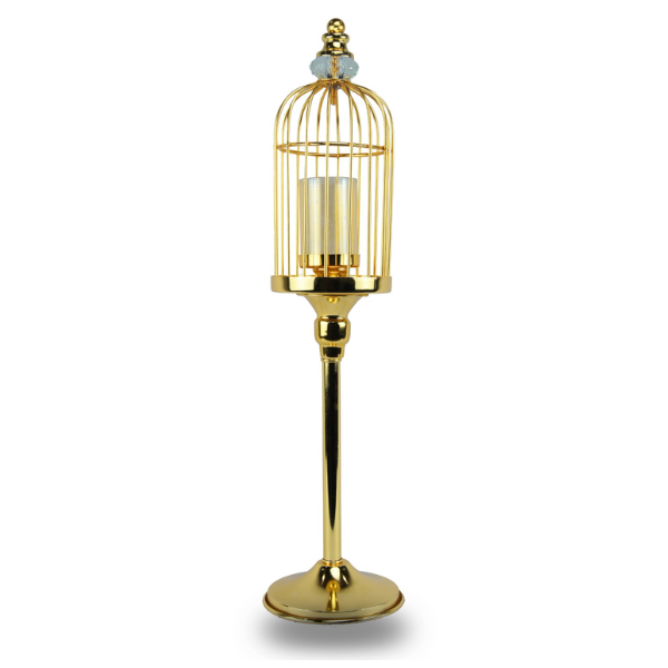 Golden cage-shaped metal candle stand with a crystal top and a glass pot.