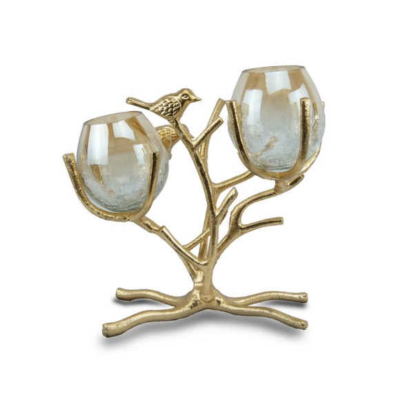Gold-Brushed Tealight Holder with Crackle Glass and Two Birds on a Branch