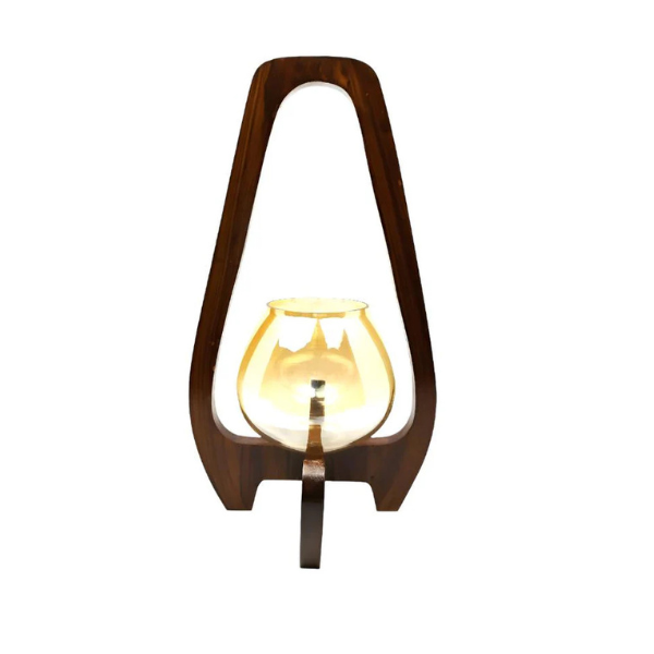 Wooden Lantern-Style Candle Stand with Single Glass Holder