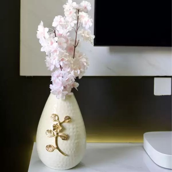 Premium White Vase with Golden Flower Design