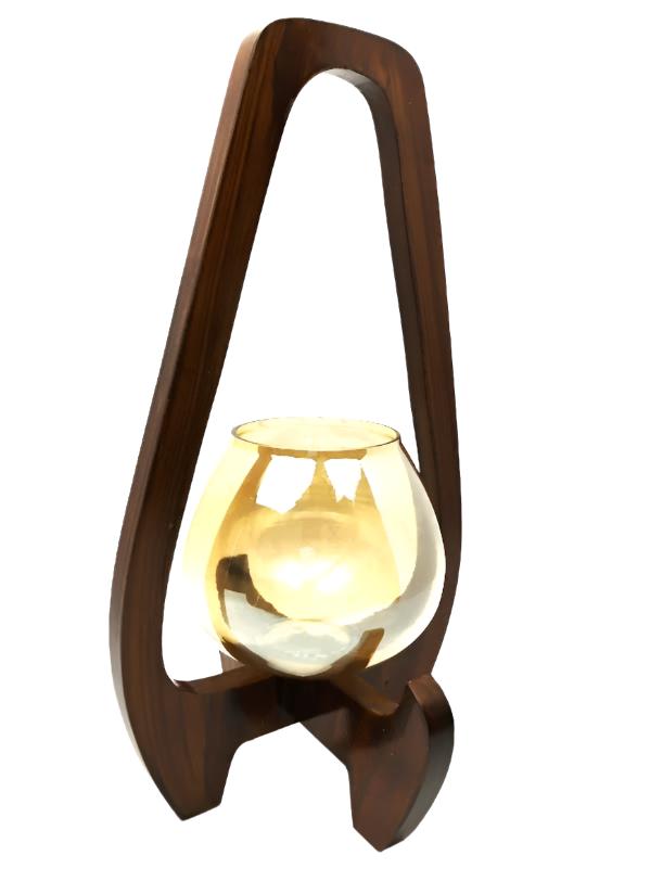 Wooden Lantern-Style Candle Stand with Single Glass Holder