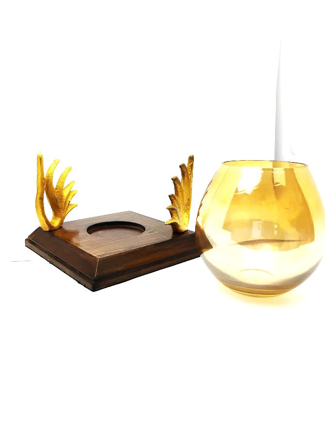 Wooden Base Candle Stand With One Glass Pot