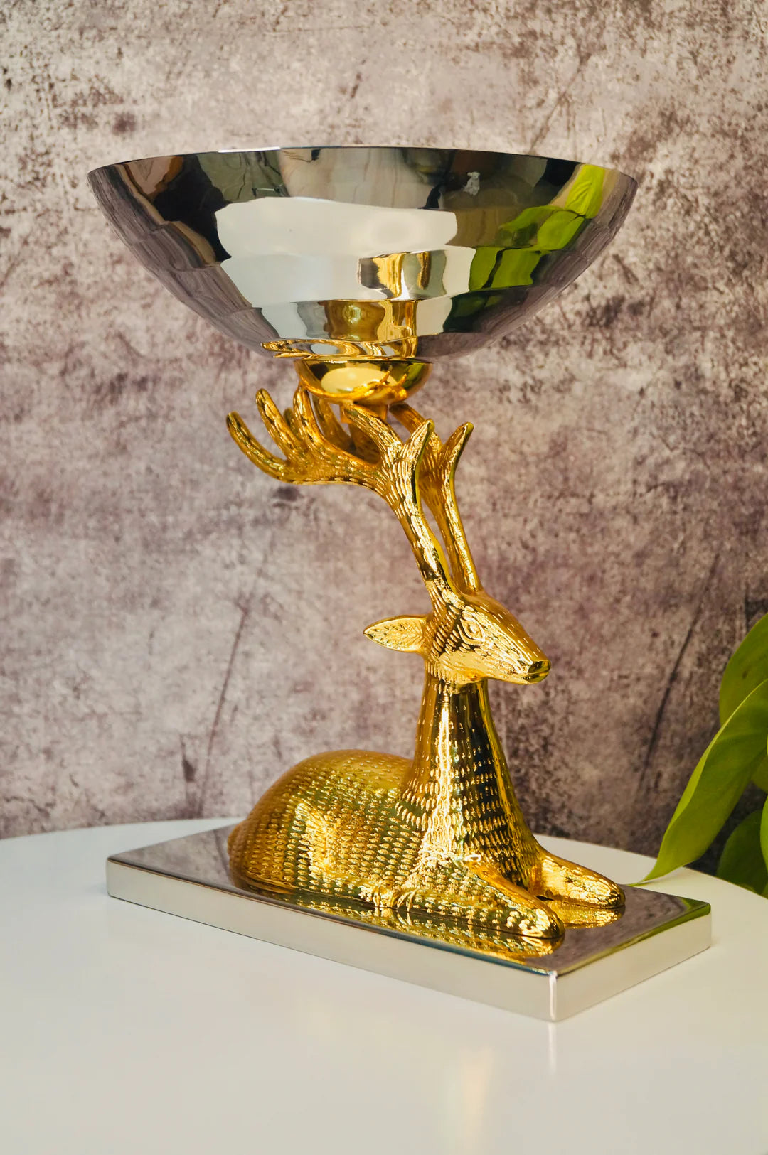 Golden Metal Deer Sitting with a Silver Bowl