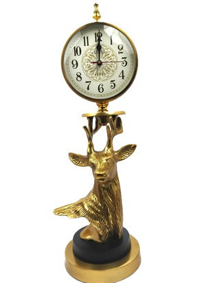 Golden Deer Clock with Intricate Round Face and Decorative Base