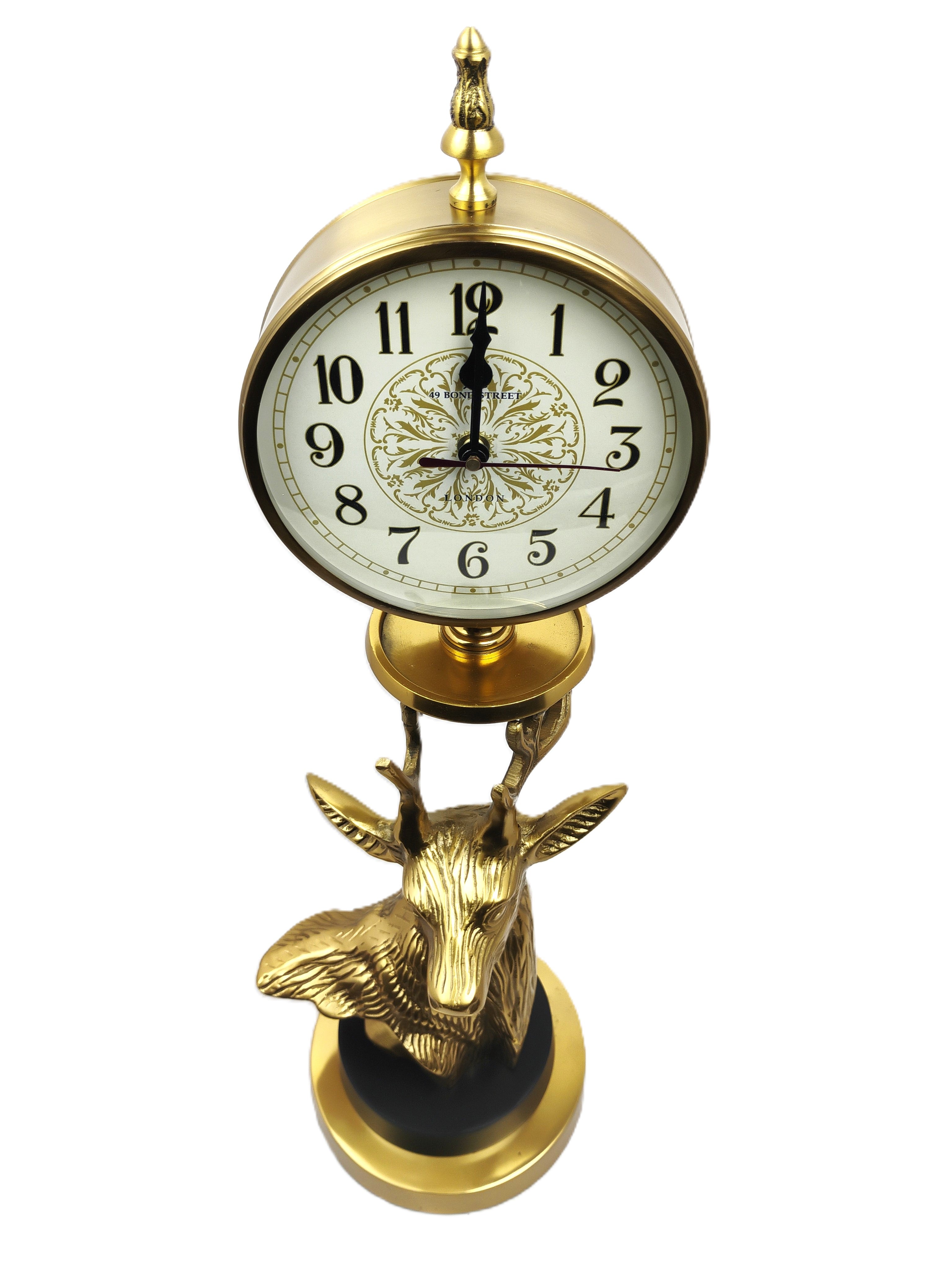 Golden Deer Clock with Intricate Round Face and Decorative Base