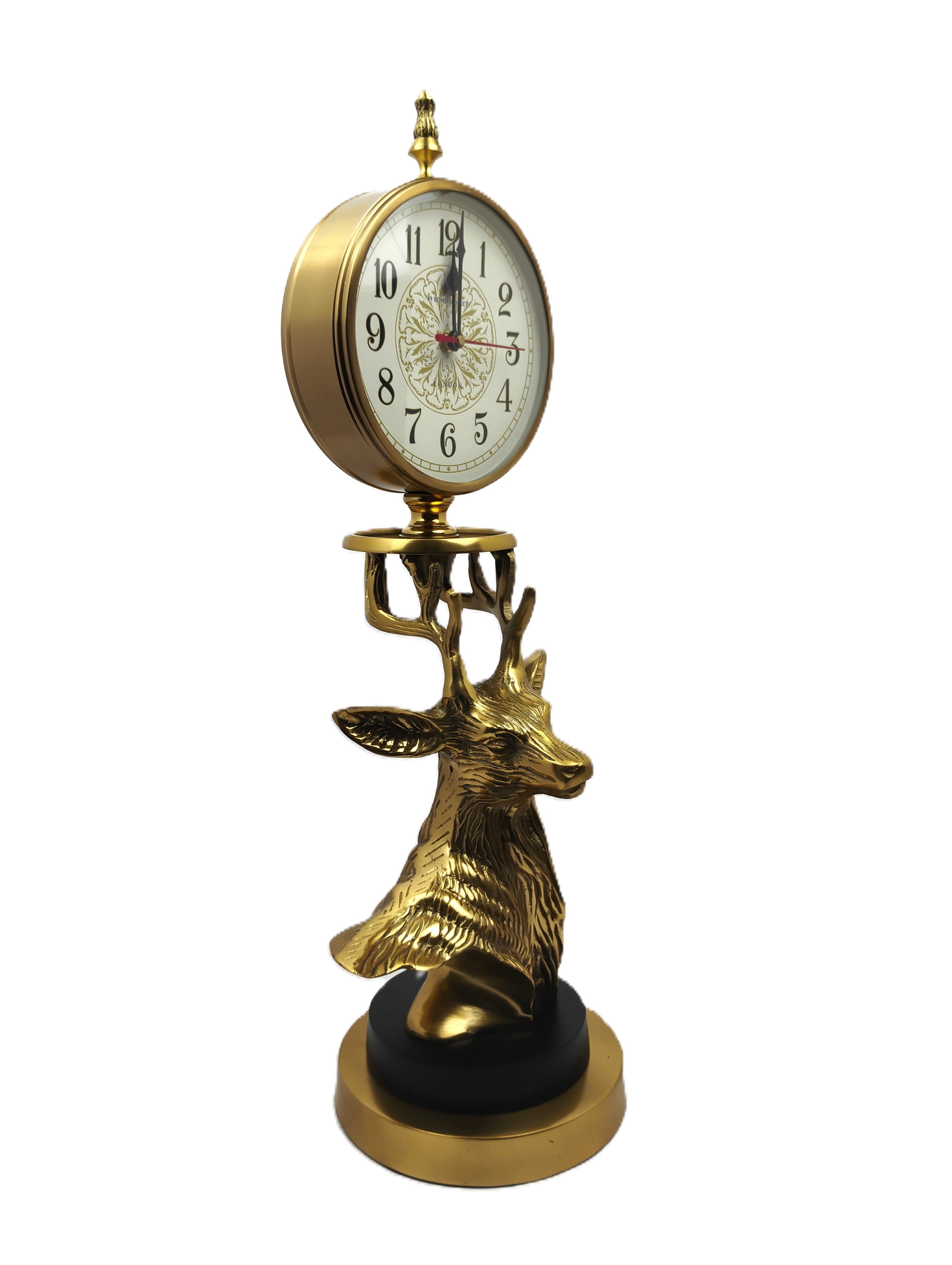 Golden Deer Clock with Intricate Round Face and Decorative Base