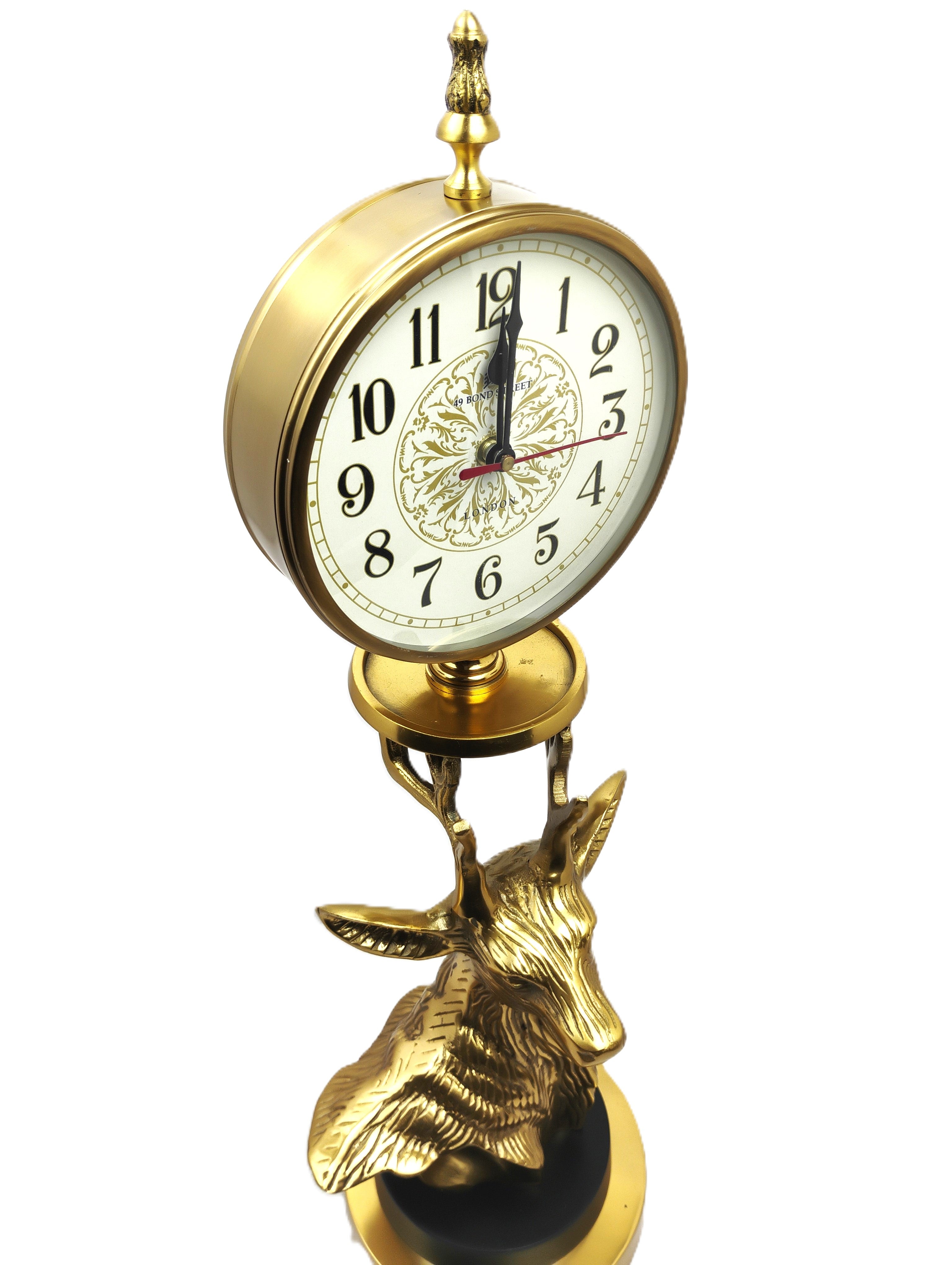 Golden Deer Clock with Intricate Round Face and Decorative Base