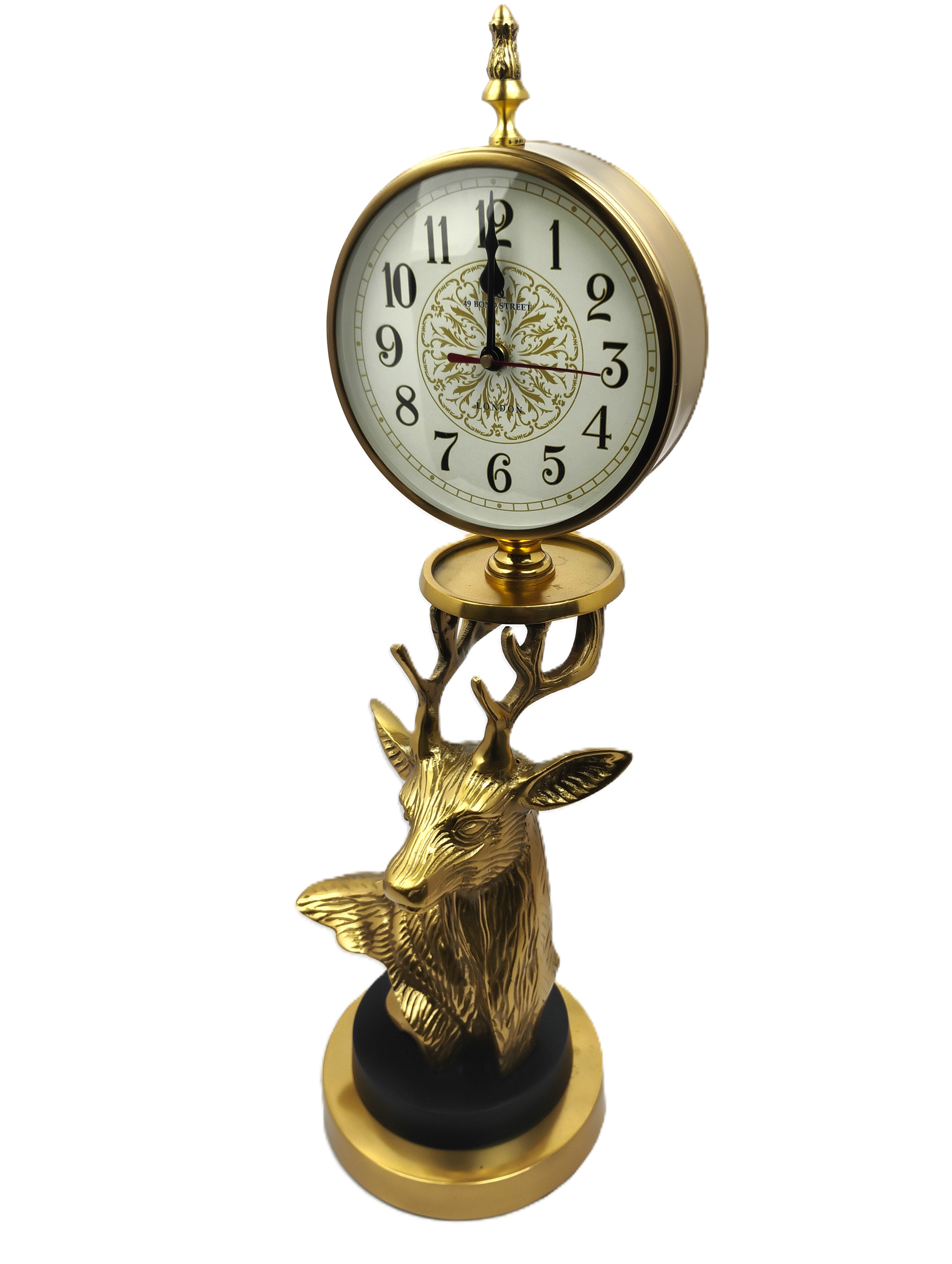 Golden Deer Clock with Intricate Round Face and Decorative Base