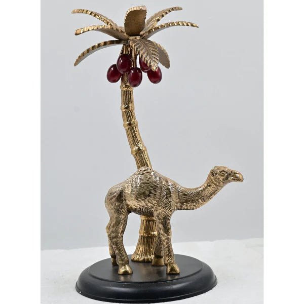 Brass Camel Sculpture with Tree Accent on a Wooden Base